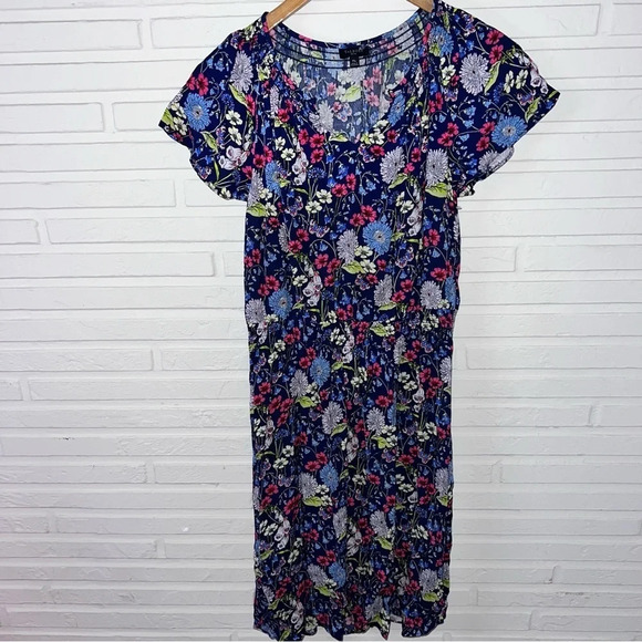 Talbots Blue Floral Short Flutter Sleeve Flowy Dress, Women’s Size Medium Petite - Picture 1 of 8